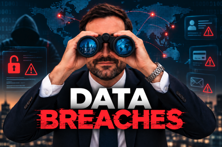 Albi looking through binoculars in a cybersecurity-themed image about data breaches and financial security.